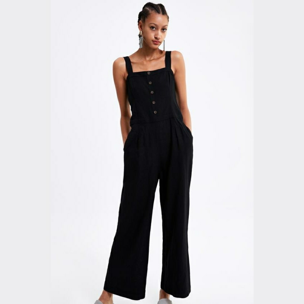 Zara black sleeveless linen blend button jumpsuit